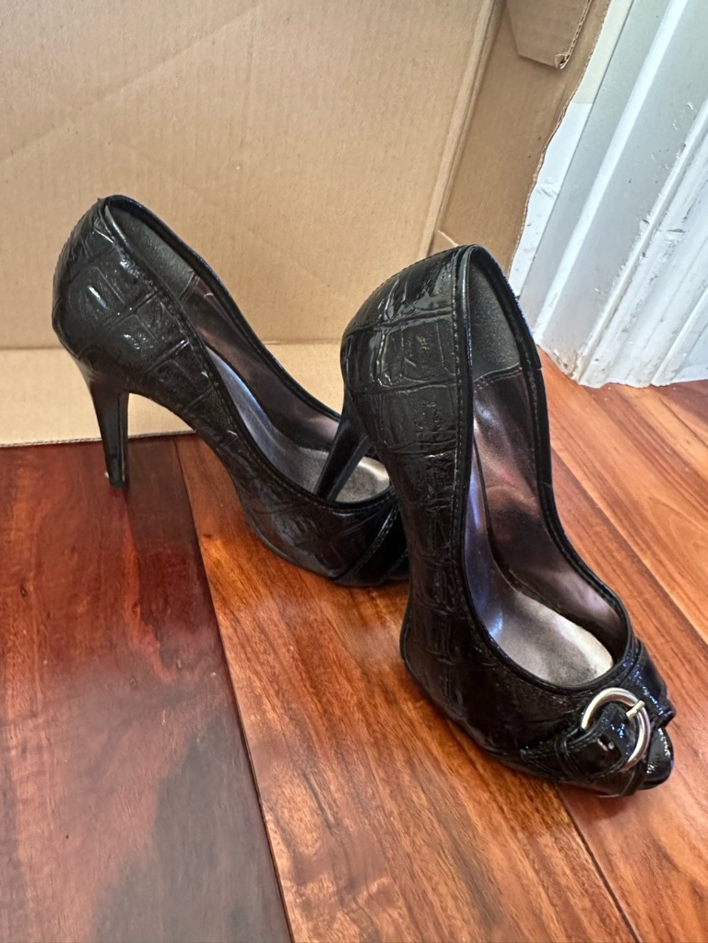 Delicious Black Patent Peep-Toe Heels with Silver Buckle - Picture 5 of 8